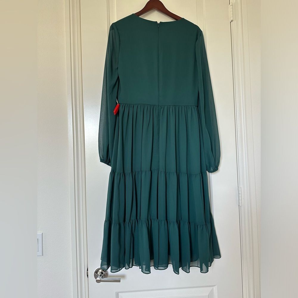 Mac Duggal Emerald Green Long Sleeve Tiered Midi Dress - Picture 7 of 11